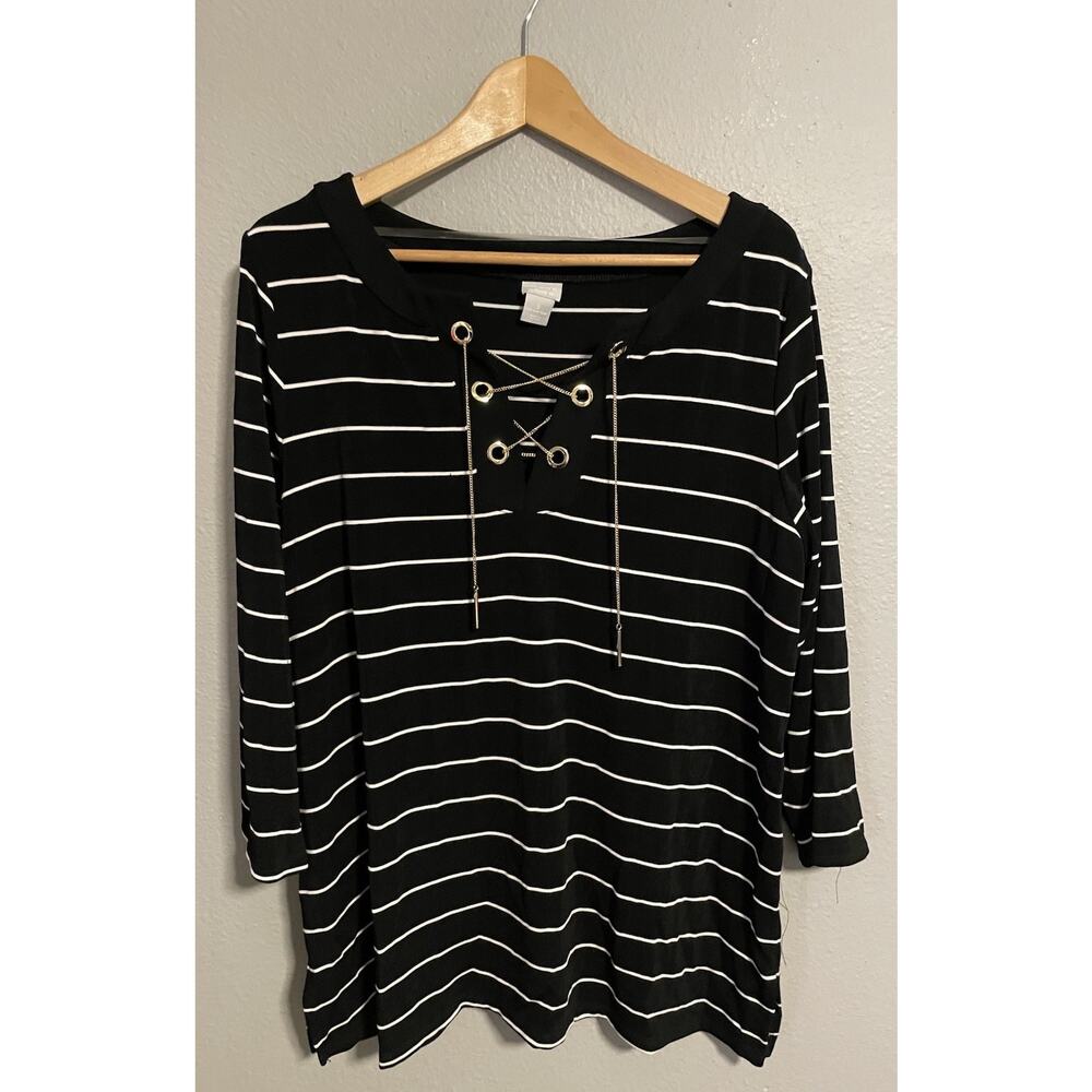 Chicos Women Tunic Size 3 US 16/18 Black White Stripe Stretch Gold Chain Lace Up